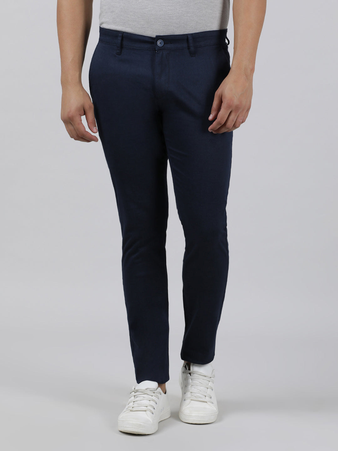 Casual Slim Fit Printed Navy Trousers for Men