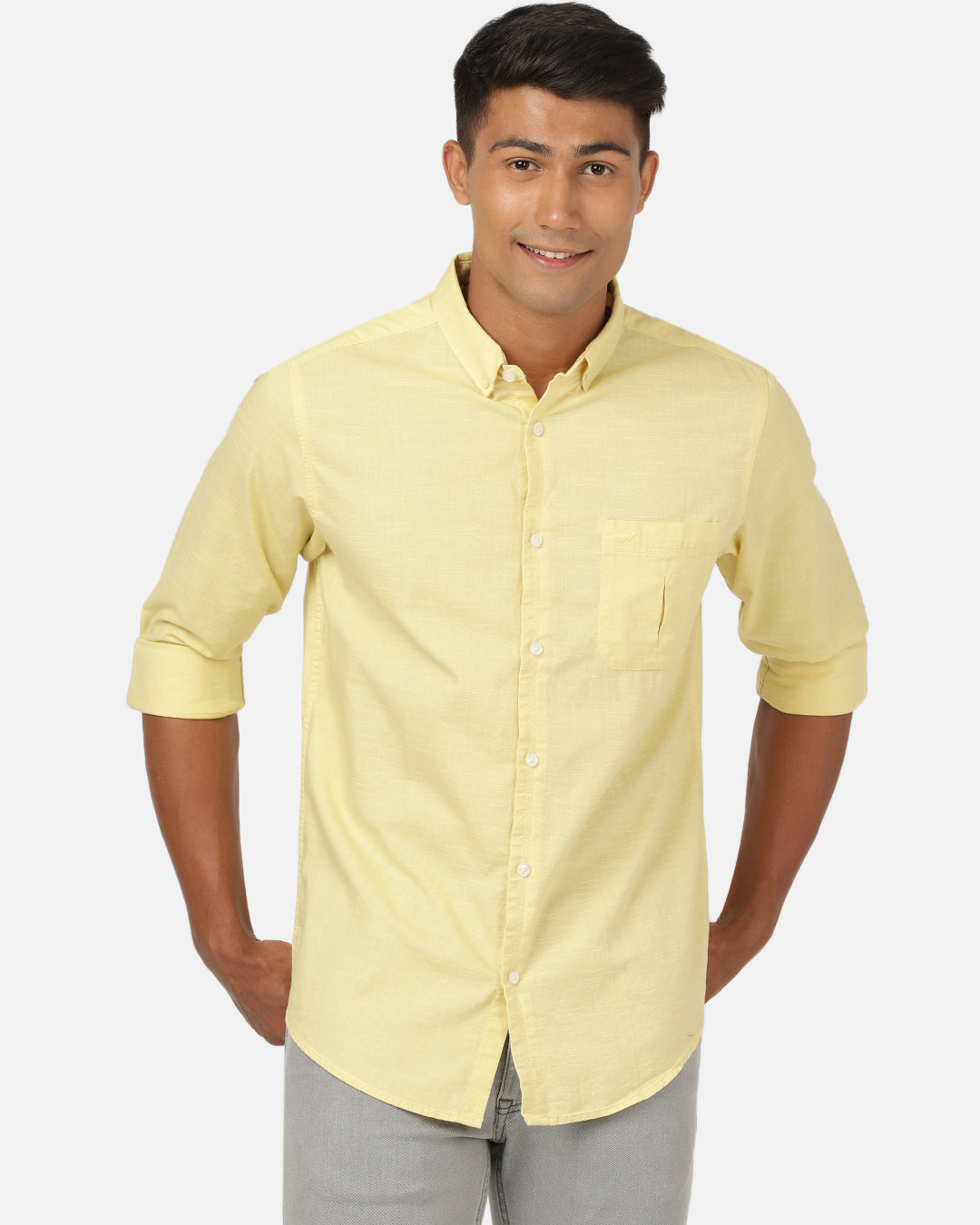 Crocodile Casual Full Sleeve Slim Fit Solid Lemon with Collar Shirt for Men