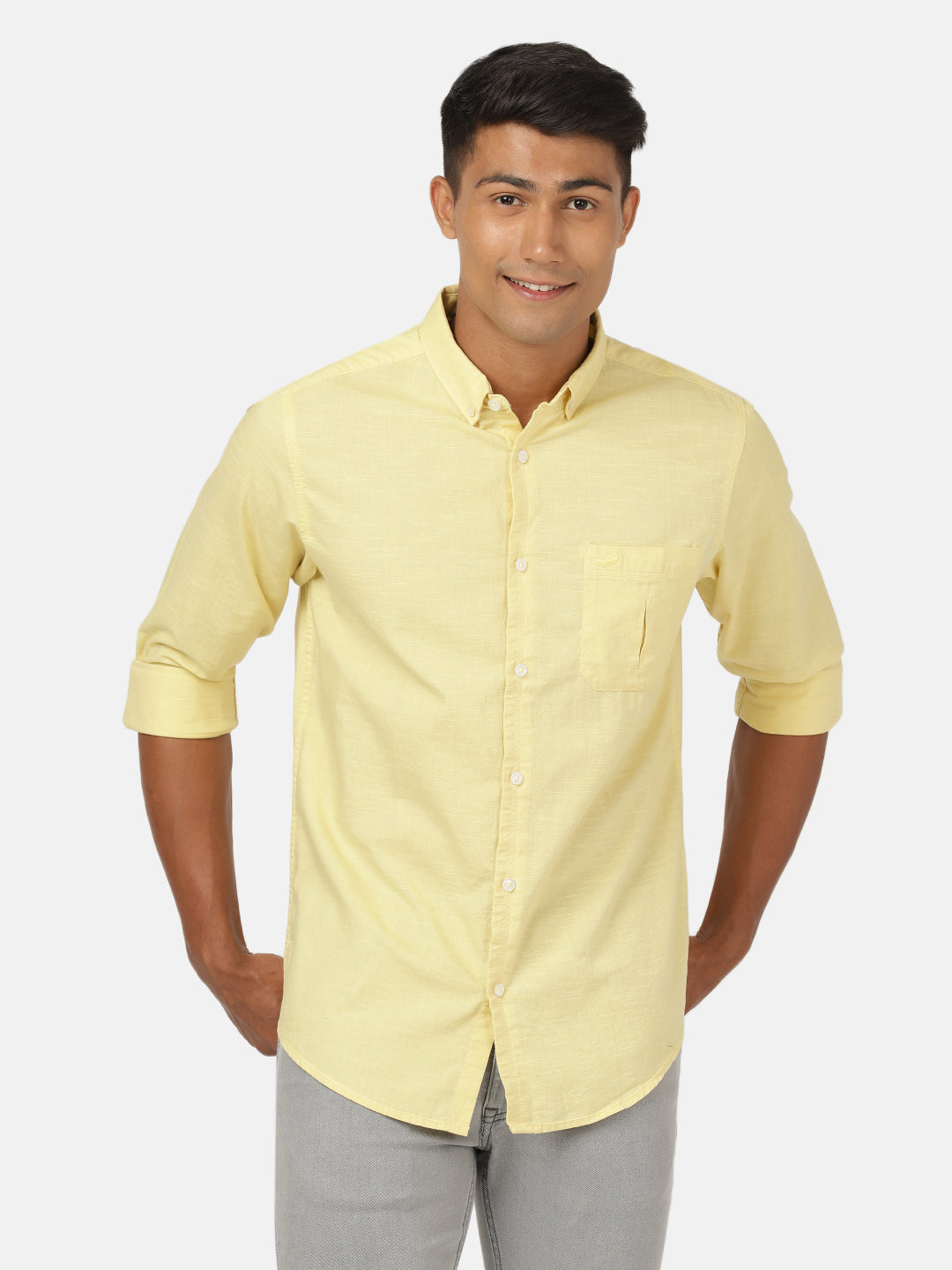 Crocodile Casual Full Sleeve Slim Fit Solid Lemon with Collar Shirt for Men