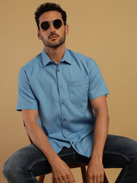 Solid Blue Half Sleeve Cotton Shirt