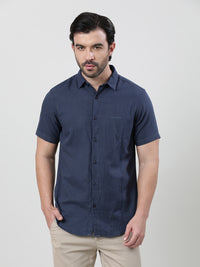 Navy Printed Half Sleeve Casual 100% Cotton Shirt