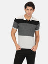 Man wearing a grey charcoal melange grey striped polo t shirt with casual styling on a gray background