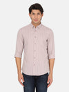 Man wearing a purple striped full sleeve 100% cotton shirt with casual styling on a gray background