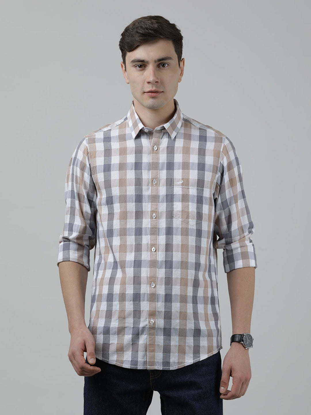Casual Full Sleeve Comfort Fit Checks Shirt Brown for Men