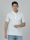 Man wearing a grey light grey solid polo t shirt on a light gray background