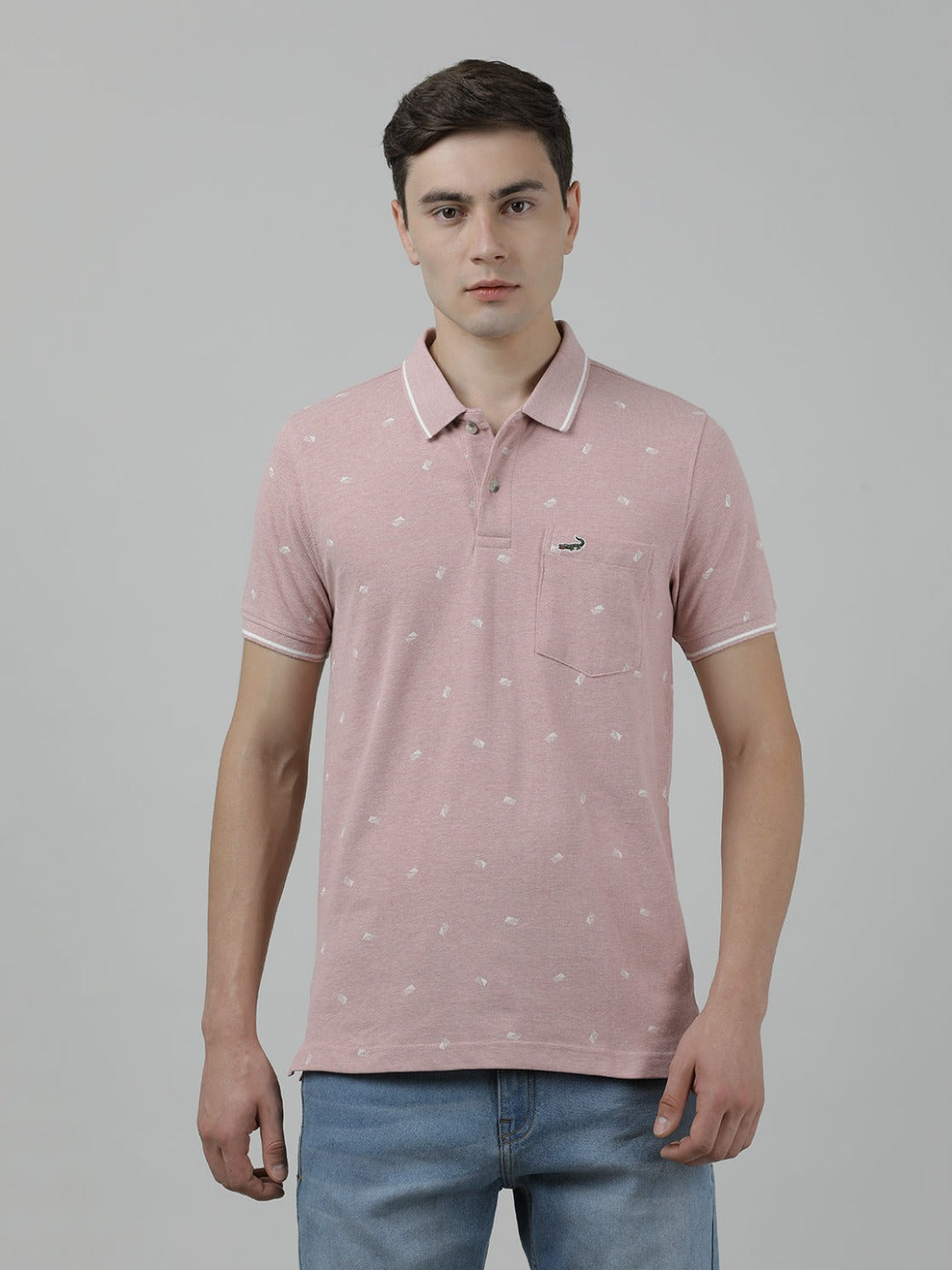 Casual Pink Printed T-Shirt Half Sleeve Slim Fit Melange with Collar for Men