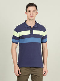 Mid Blue Striped Casual Polo T-Shirt