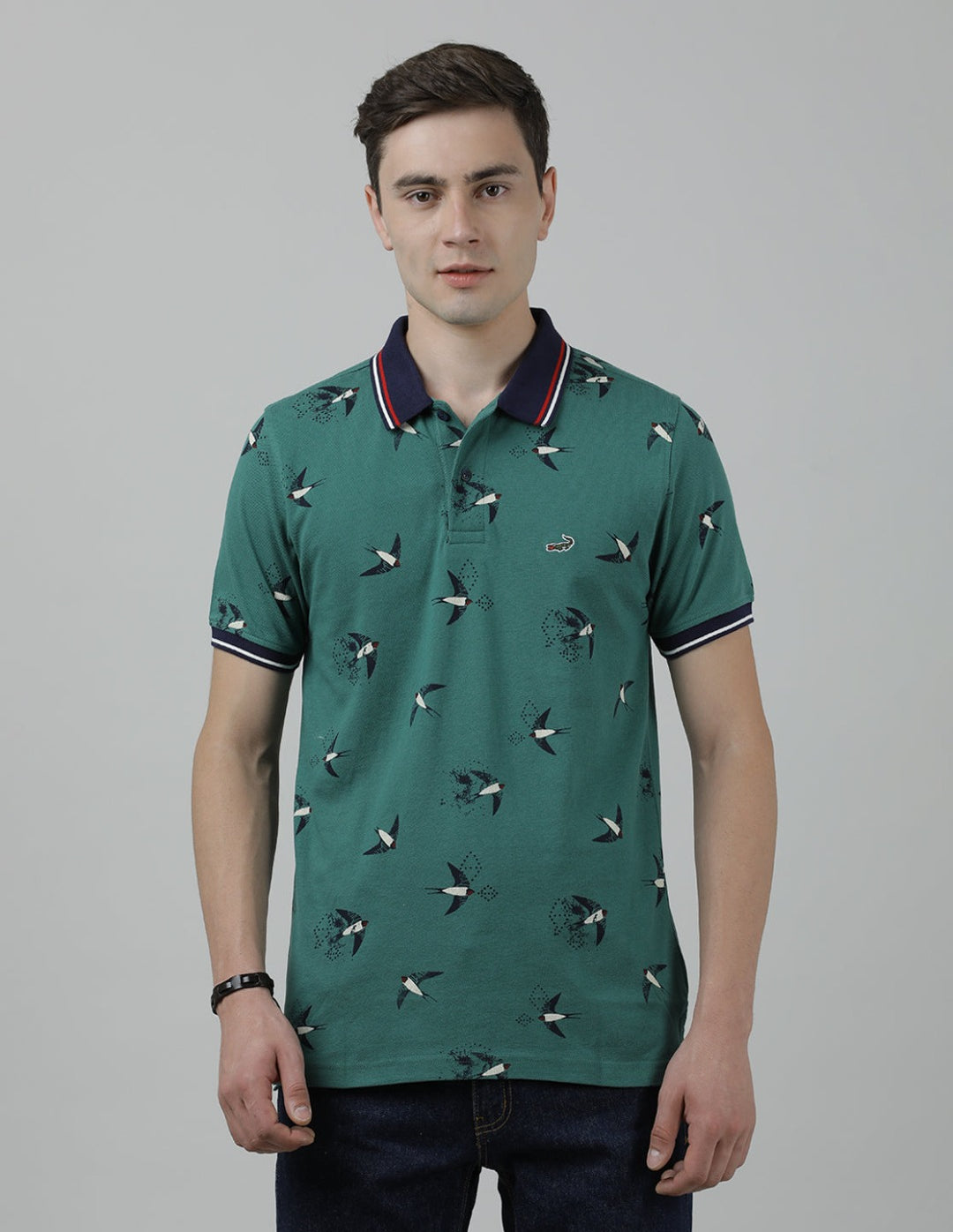 Casual Green T-Shirt Polo Printed Half Sleeve Slim Fit with Collar for Men