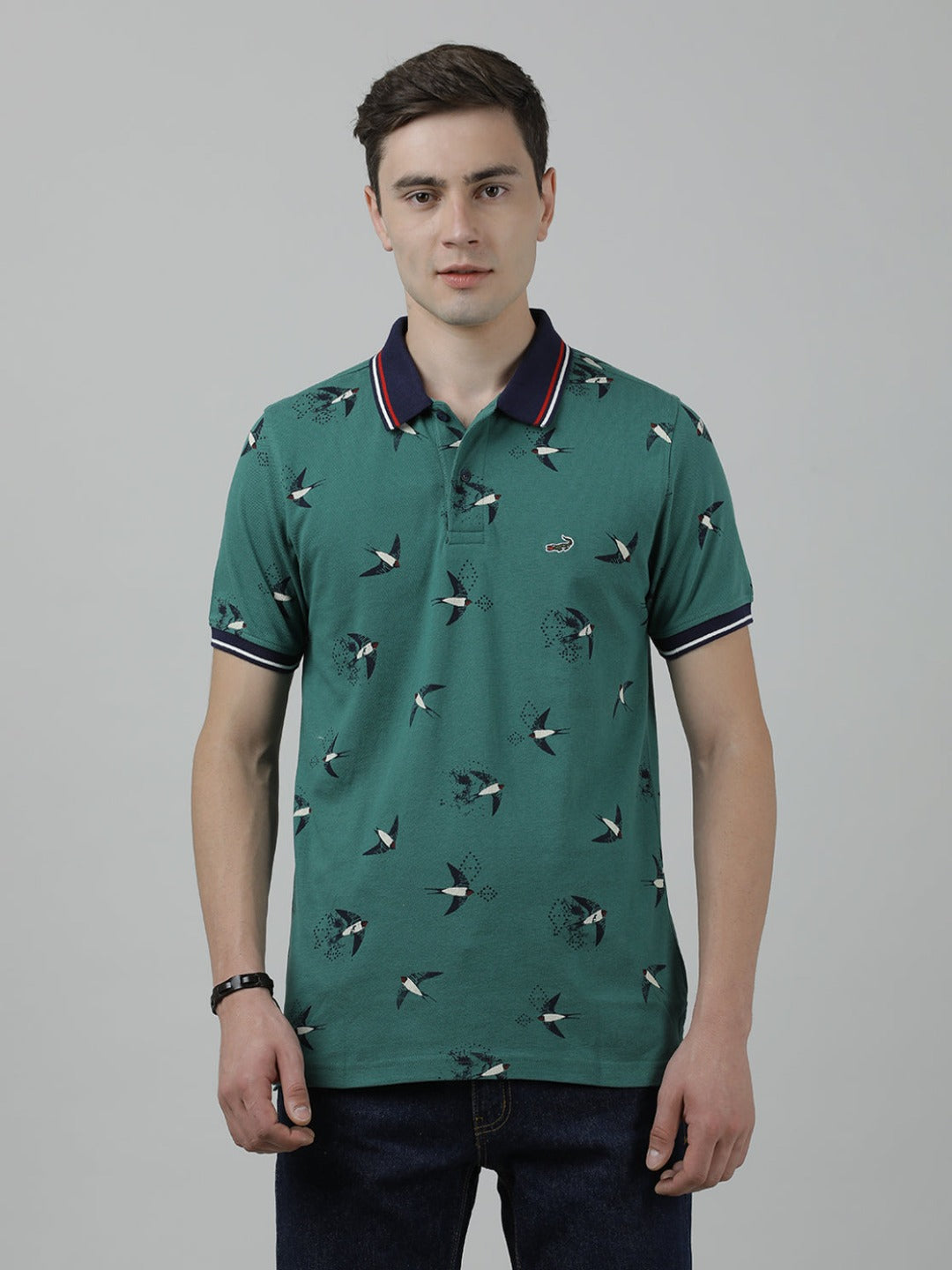 Casual Green T-Shirt Polo Printed Half Sleeve Slim Fit with Collar for Men