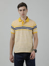 Man wearing a yellow yellow striped polo t shirt on a light gray background