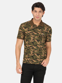 Olive Green Casual Printed Polo T-Shirt