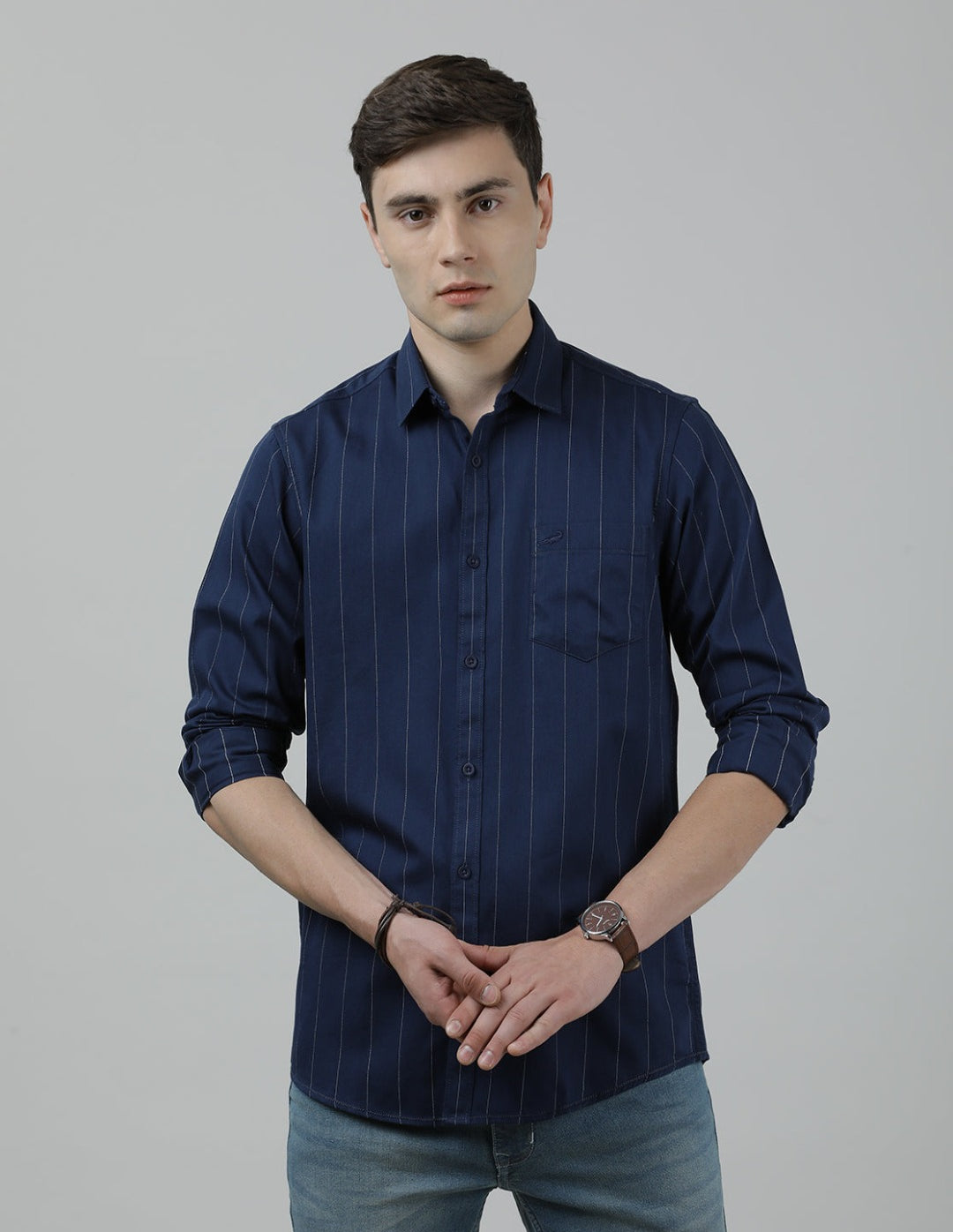 Casual Navy Full Sleeve Slim Fit Stripe Shirt with Collar for Men