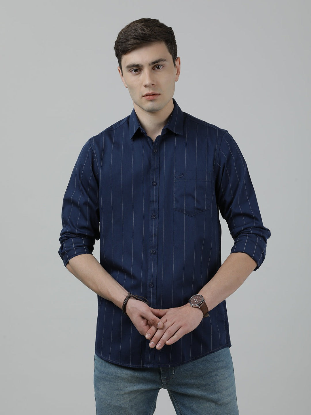 Casual Navy Full Sleeve Slim Fit Stripe Shirt with Collar for Men