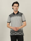 Man wearing a grey casual grey melange printed polo t shirt on a light gray background