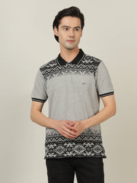Casual Grey Melange Printed Polo T-Shirt