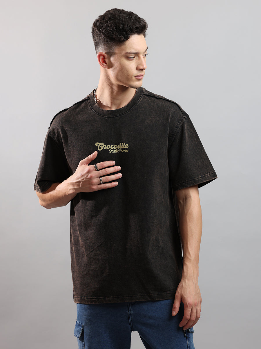 Buy Acid Washed Over Sized Crew In Jet Black – Crocodile