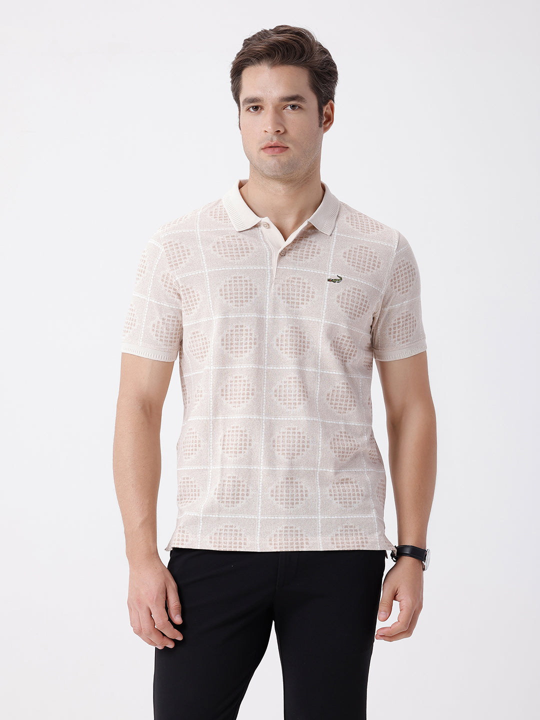 Man wearing a red checkered all over printed polo t shirt with casual styling on a gray background