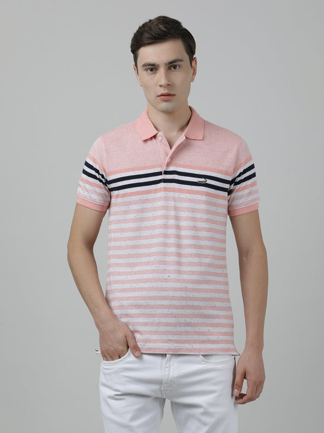 Casual Orange T-Shirt Engineering Stripes Half Sleeve Slim Fit with Collar for Men