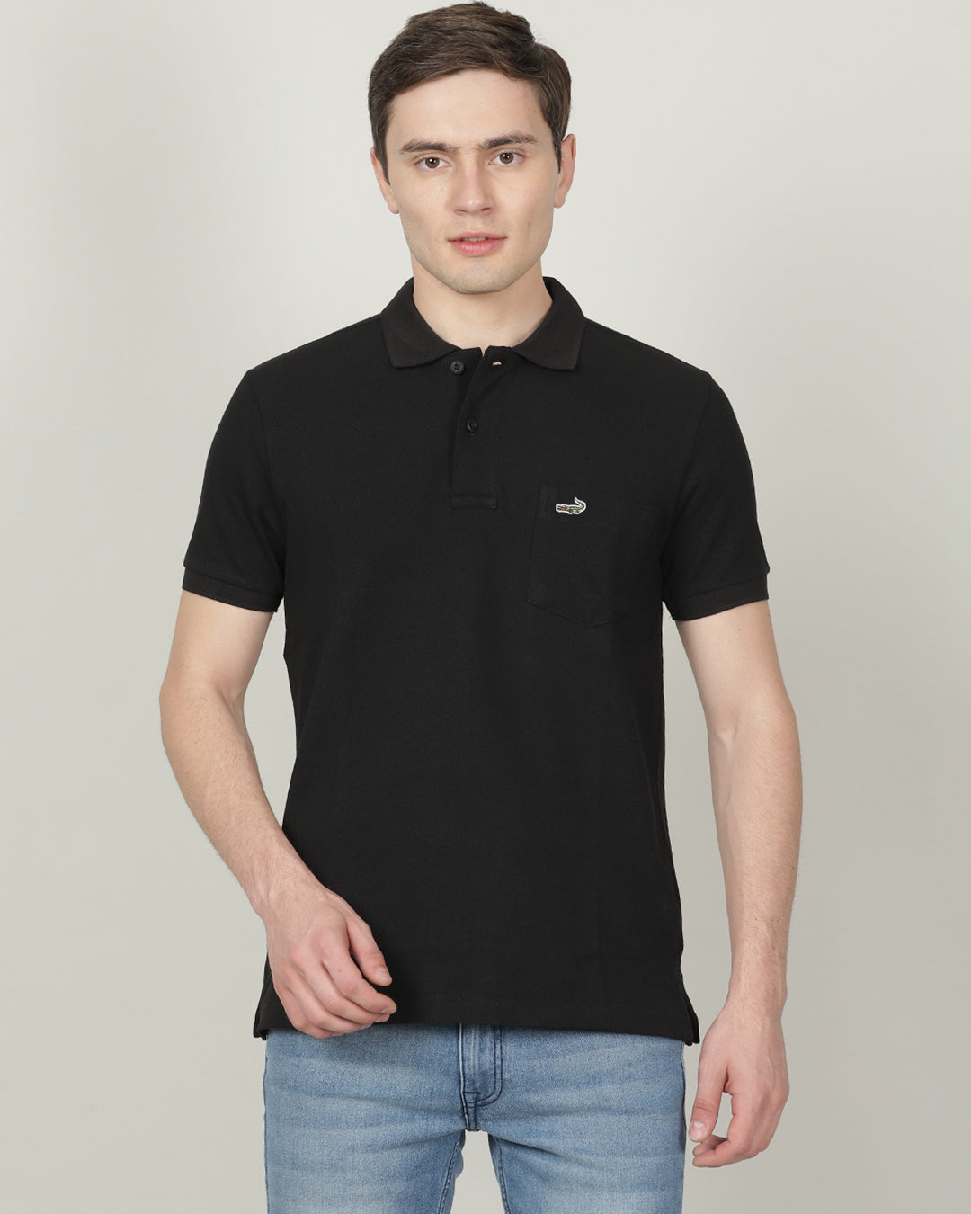 Men's Solid Polo Half Sleeve Slim Fit Cotton T-Shirt - Black