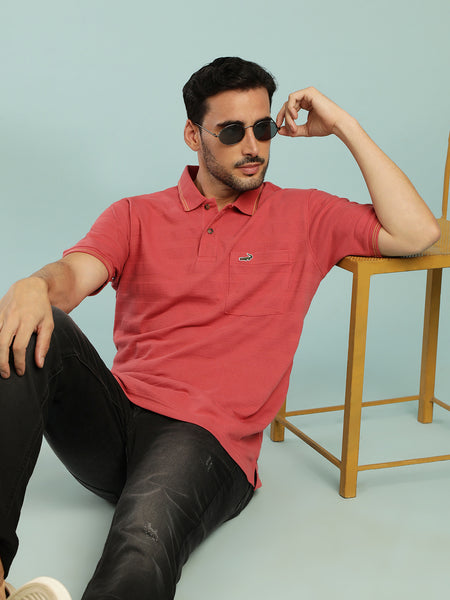 Honey Comb Textured Stripe Polo Mineral Red T-Shirt