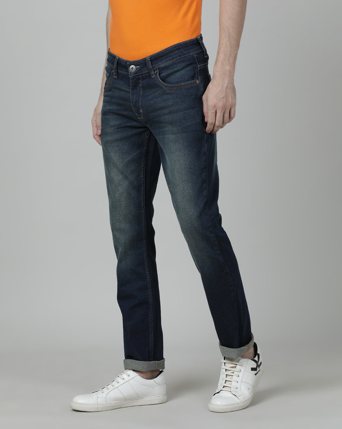 Casual Slim Solid Medium Blue Denim Jean