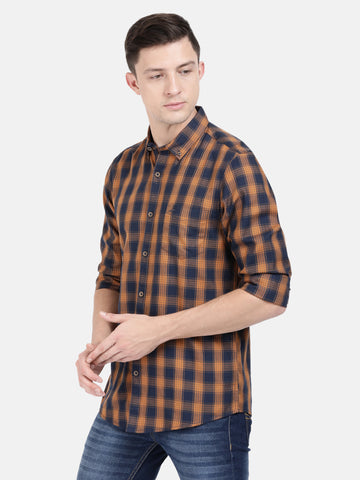 Casual Full Sleeve Slim Fit Checks Brown Navy With Collar Shirt For Men