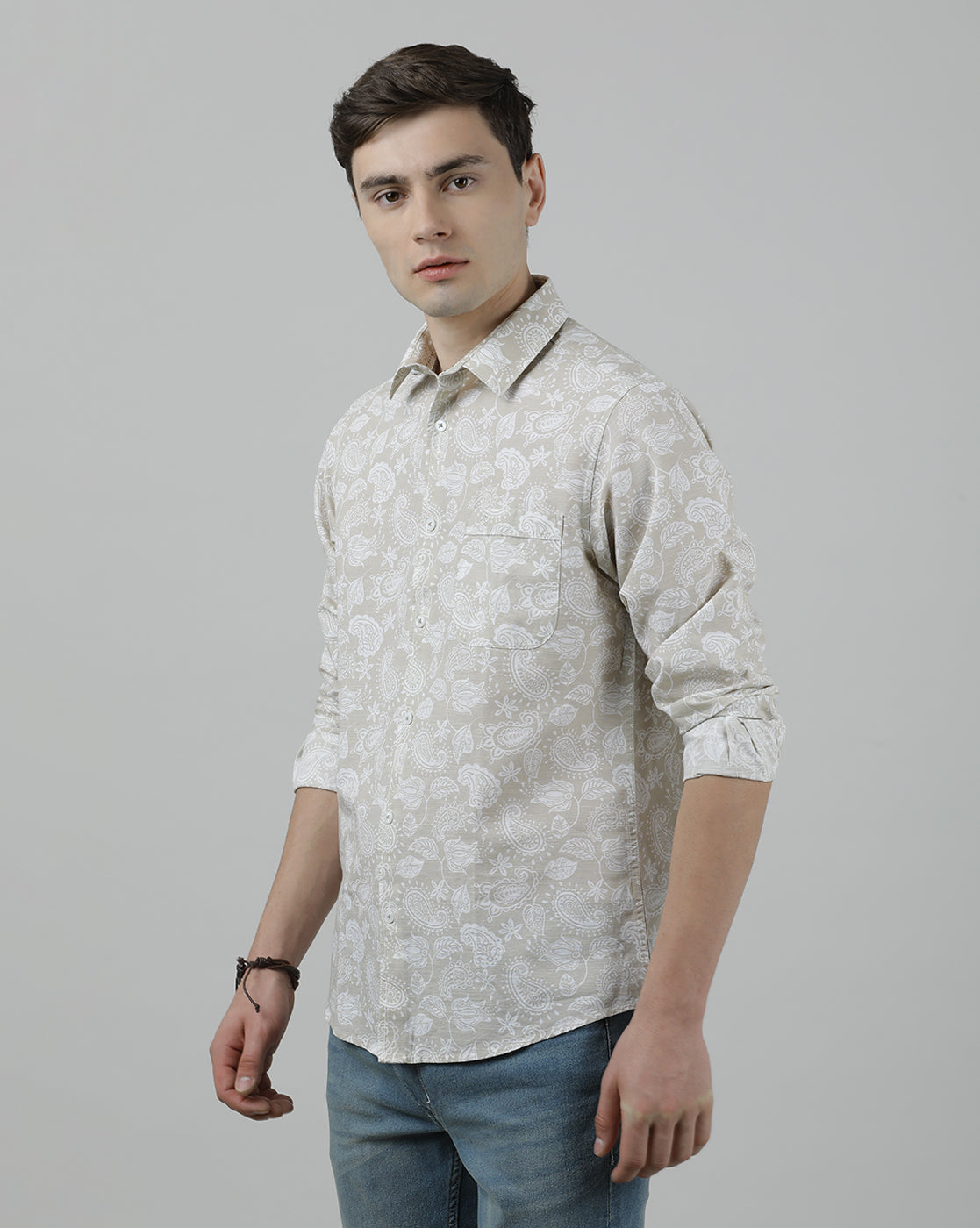 Casual Full Sleeve Slim Fit Printed Shirt Beige for Men