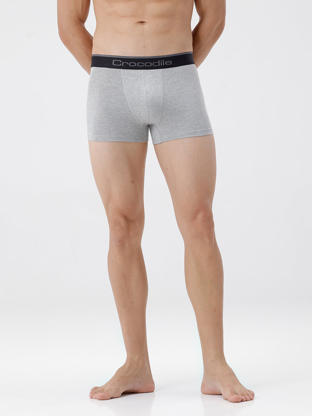 Person wearing gray boxer briefs with a black waistband on a white background