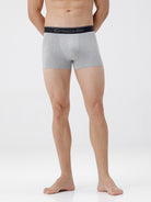 Person wearing gray boxer briefs with a black waistband on a white background