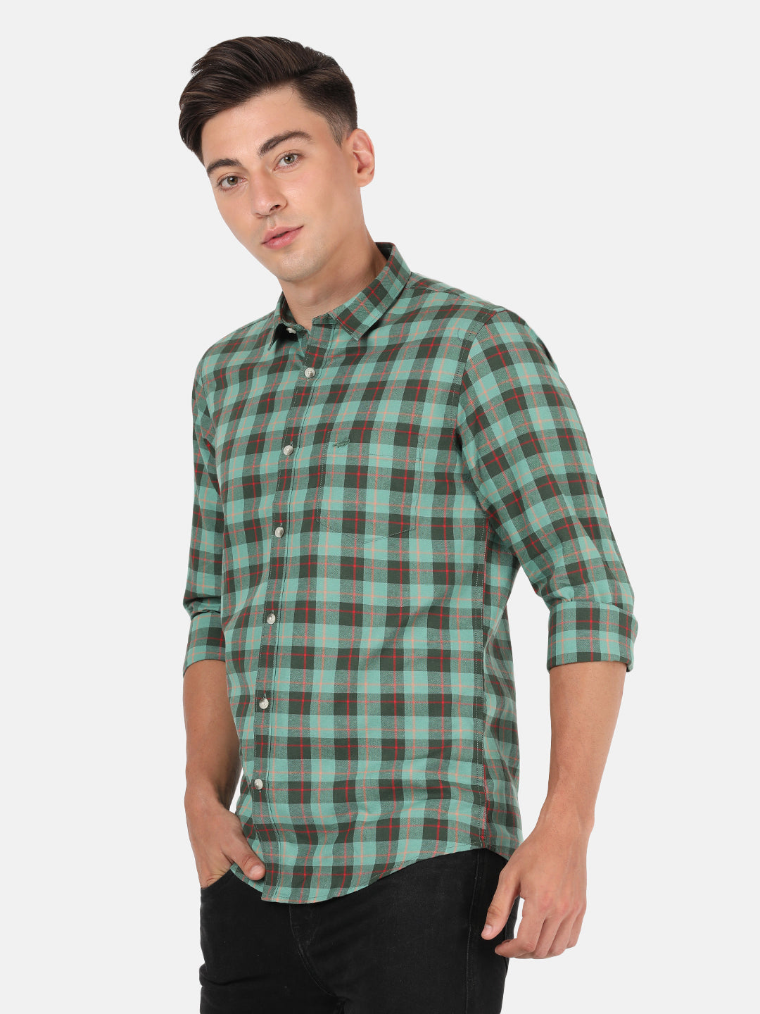 Crocodile Men's Casual Full Sleeve Slim Fit Checks Green with Collar Shirt