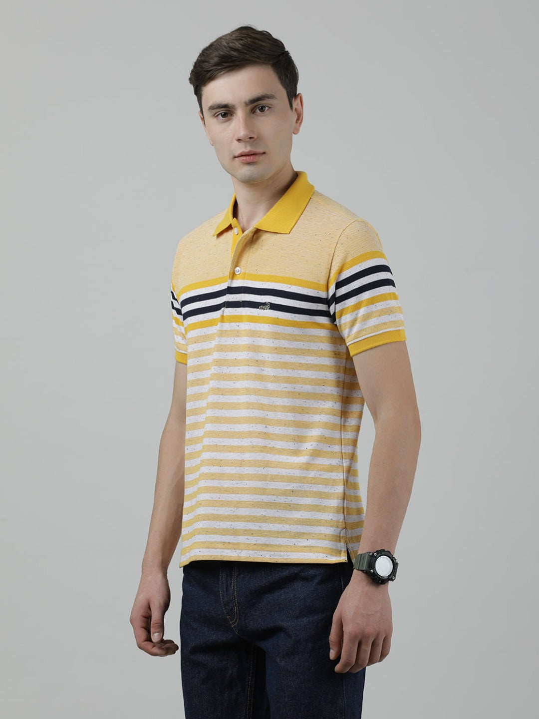 Casual Yellow T-Shirt Engineering Stripes Half Sleeve Slim Fit with Collar for Men