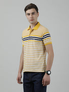 Casual Yellow T-Shirt Engineering Stripes Half Sleeve Slim Fit with Collar for Men