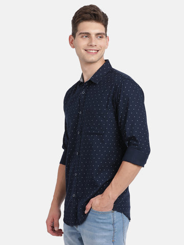 Casual Full Sleeve Slim Fit Printed Navy With Collar Shirt For Men