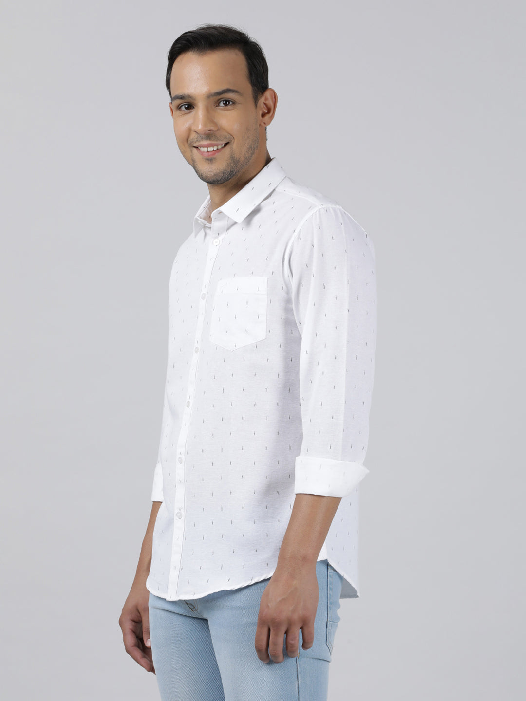 Casual White Full Sleeve Regular Fit Print Shirt with Collar for Men