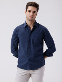 Men's Pure Cotton Melange Solid Blue Shirt Designed For Versatile Casual Wear
