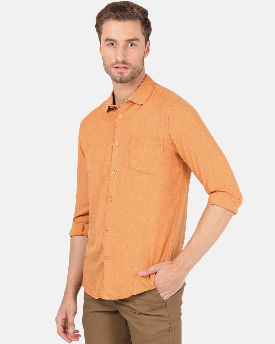 Crocodile Casual Full Sleeve Comfort Fit Solid Orange with Collar Shirt for Men