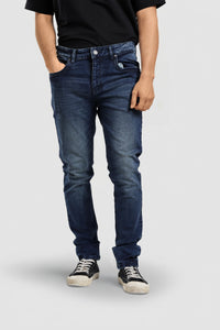 Dark Blue Slim Fit Naturally Faded Jeans With Grinded Pocket Edges