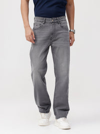 Straight Fit Grey Denim Jeans With Light Wash Effect And Timeless 5-Pocket Construction