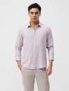Man wearing a red rib textured cotton shirt light purple on a light gray background