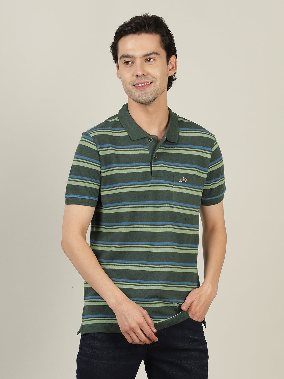 Crocodile Men Dark Green Stripe Polo T-Shirt