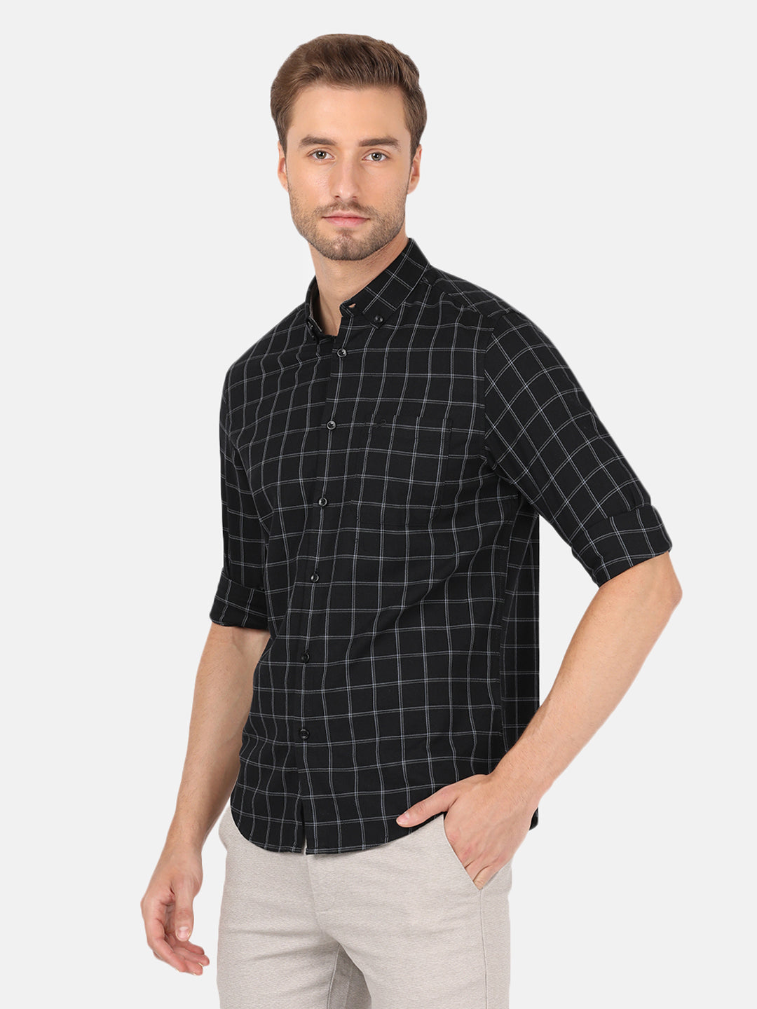 Crocodile Men's Casual Full Sleeve Comfort Fit Checks Black with Collar Shirt