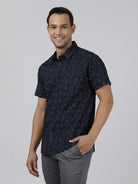 Casual Navy Half Sleeve Regular Fit Print Shirt with Collar for Men