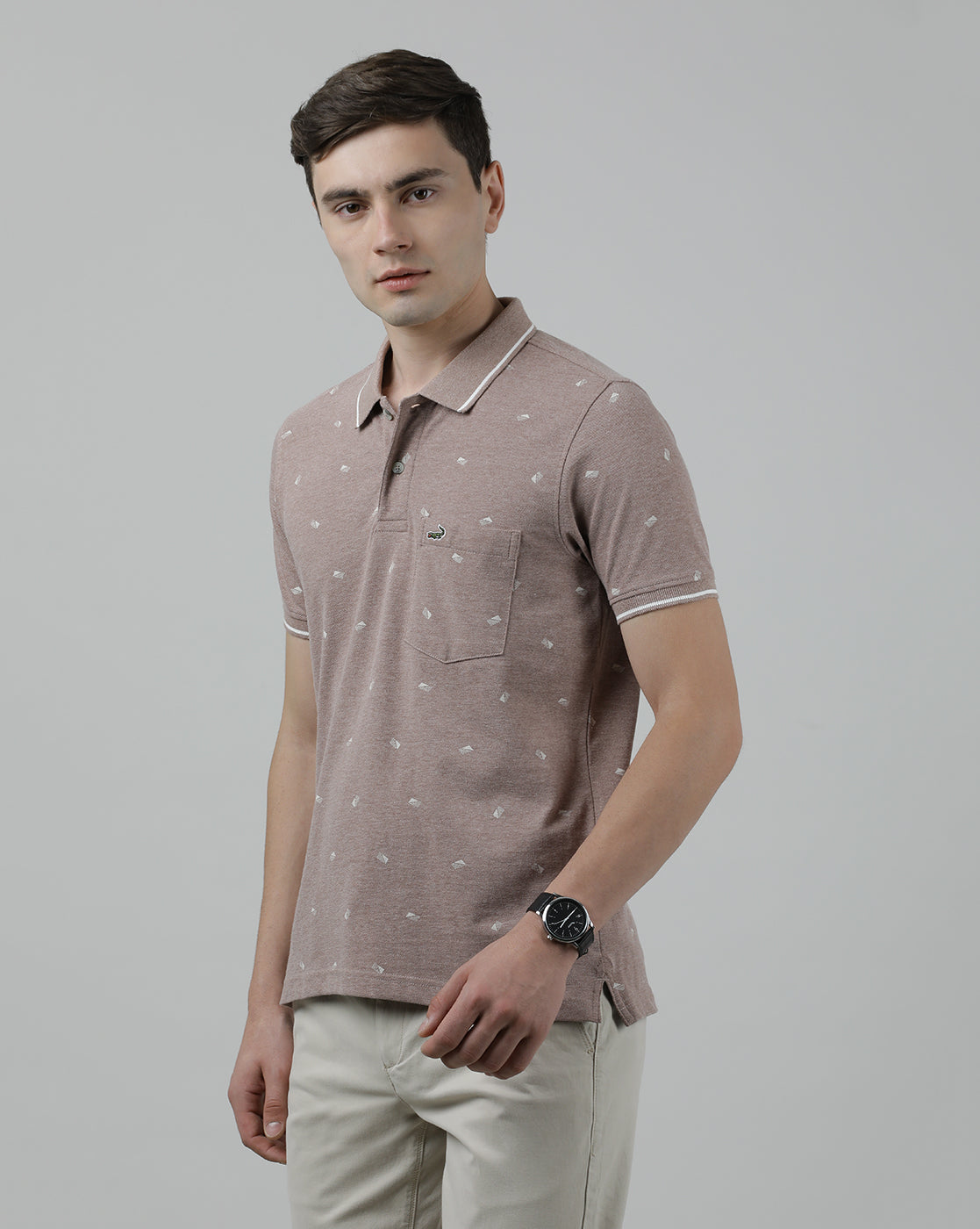 Casual Brown Printed T-Shirt Half Sleeve Slim Fit Melange with Collar for Men