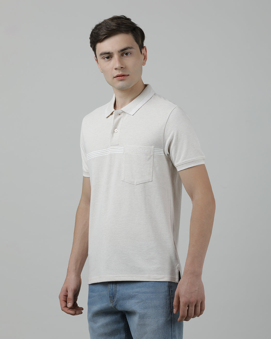 Casual Beige Solid Polo Melange Printed T-Shirt Half Sleeve Slim Fit with Collar for Men
