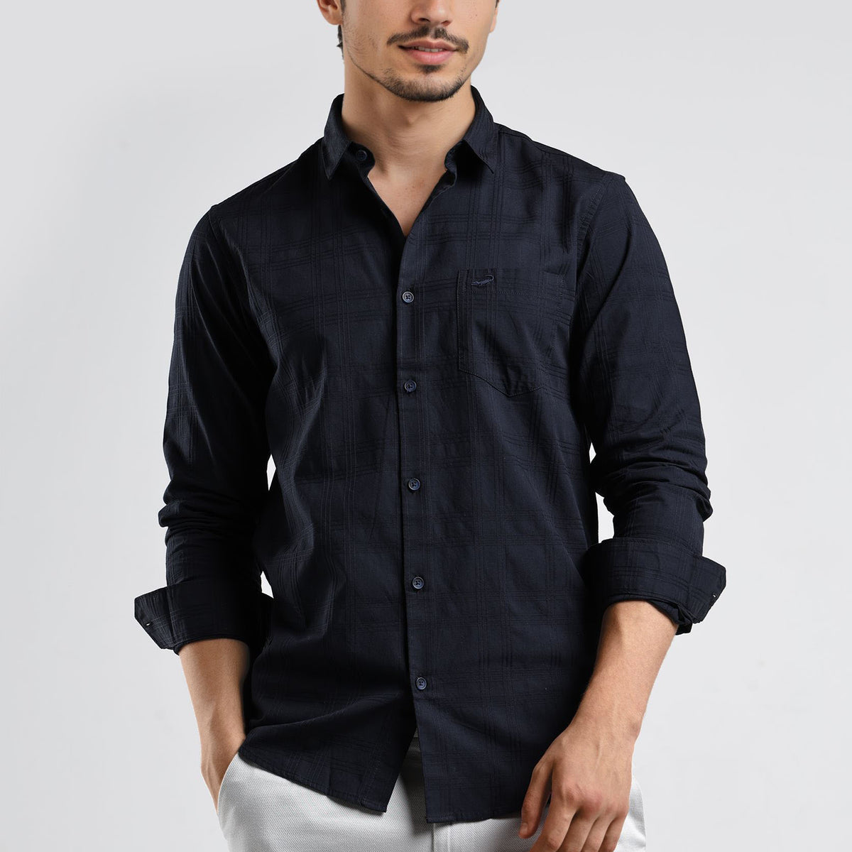 Navy Self Emboss Checks Cotton V-Shape Pocket Comfort Fit Shirts - Buy ...