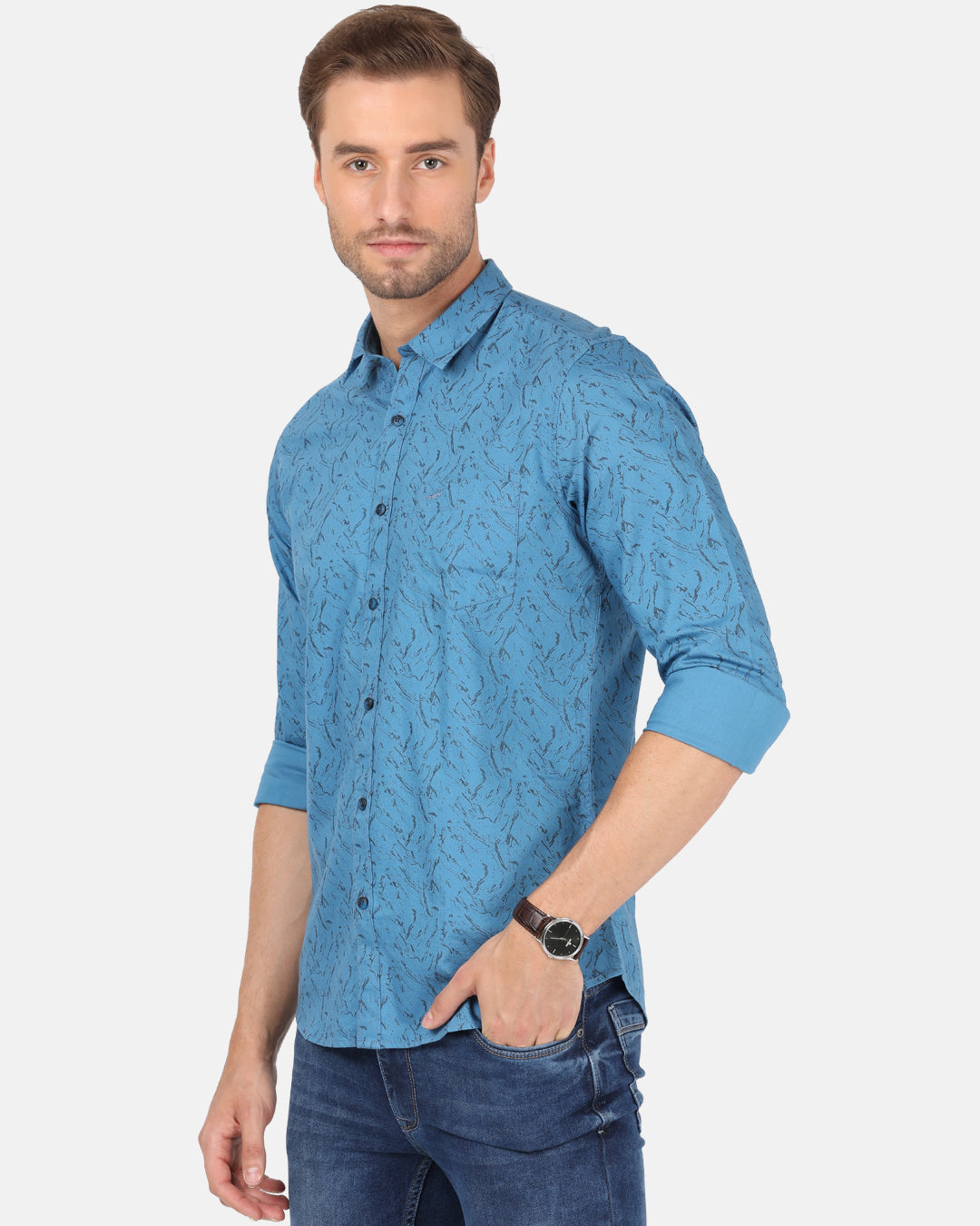 Crocodile Casual Full Sleeve Slim Fit Printed River Blue with Collar Shirt for Men