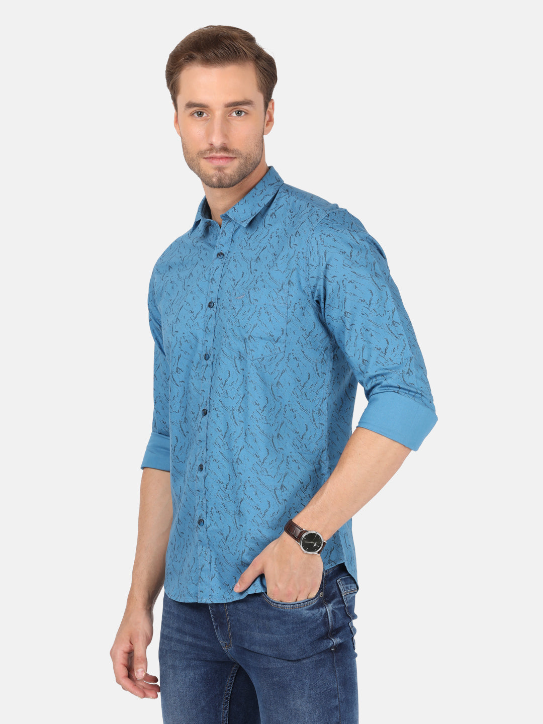 Crocodile Casual Full Sleeve Slim Fit Printed River Blue with Collar Shirt for Men