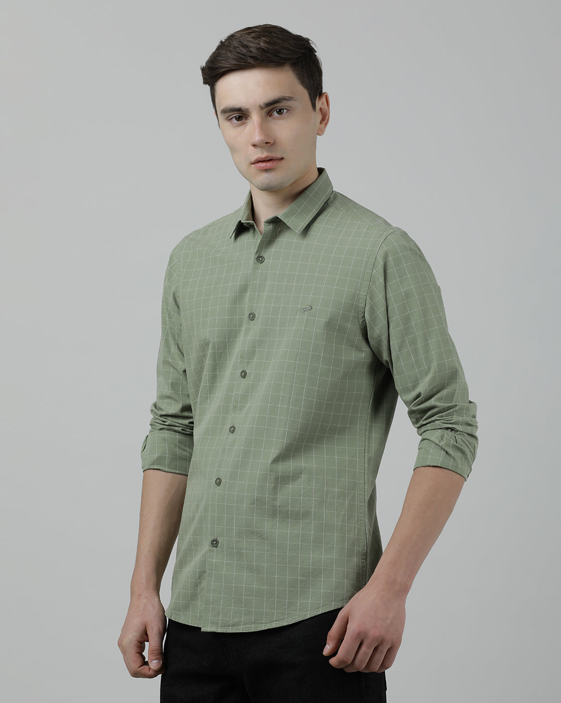 Casual Full Sleeve Slim Fit Checked Shirt Olive for Men