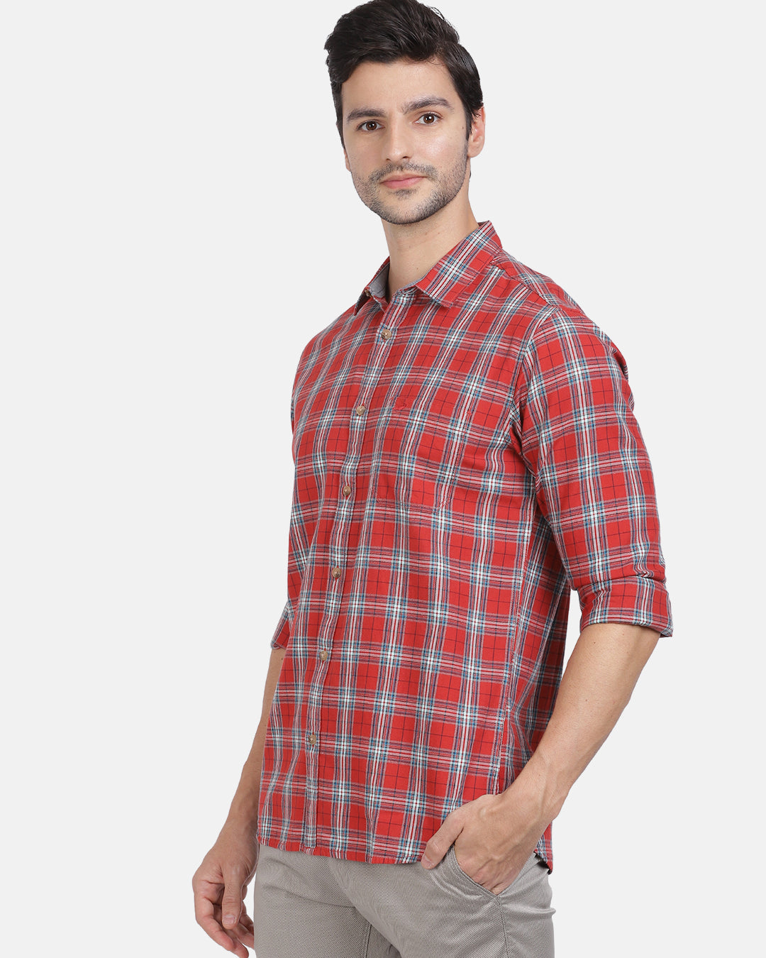 Casual Full Sleeve Slim Fit Checks Red with Collar Shirt for Men