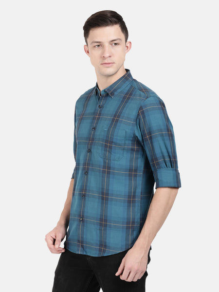 Casual Full Sleeve Slim Fit Checks Teal with Collar Shirt for Men